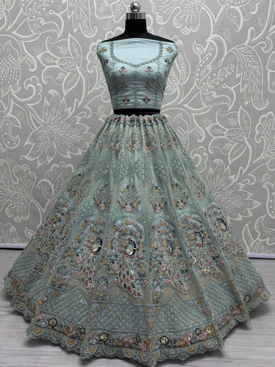 Precious Aqua Blue Sequins Net Bridesmaid Lehenga Choli With Dupatta - Ethnic Plus In